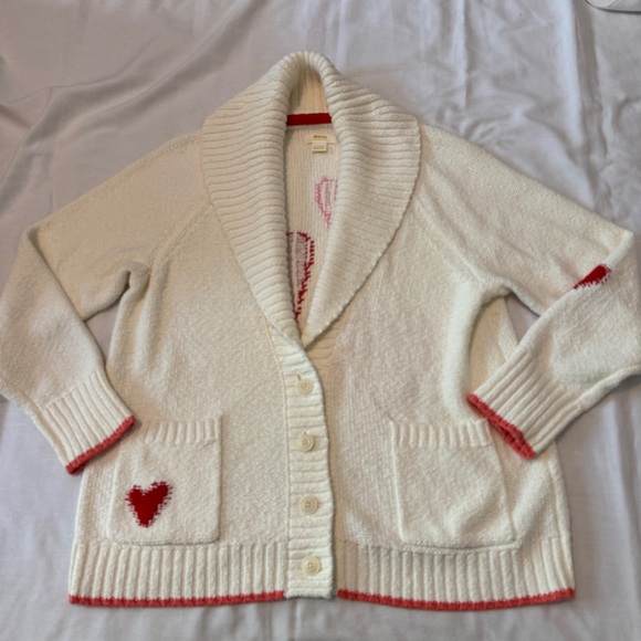 Anthropologie Maeve Cream Cardigan with Pink and Red Hearts Valentines - Picture 2 of 9